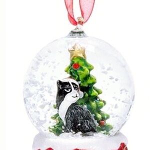 Mini Christmas Holiday Cat W/Hat & Tree Hanging Snow Globe Ornament 2.5” NIP